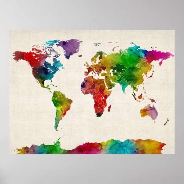 Aquarellkarte der Weltkarte Poster (Vorne)
