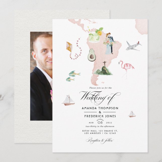 Aquarellkarte von Rio Hochzeit in Urlaubsort Foto Einladung (Vorne/Hinten)