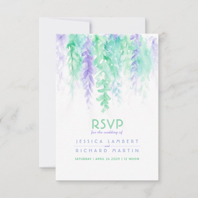 Aquarellkaskadierung Grün lila Hochzeit RSVP (Vorderseite)