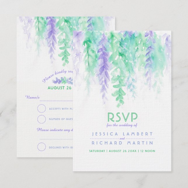 Aquarellkaskadierung Grün lila Hochzeit RSVP Einladung (Vorne/Hinten)