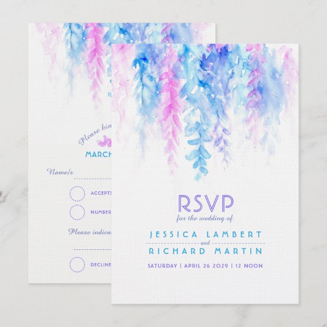 Aquarellkaskadierung lila Hochzeit RSVP Einladung (Vorne/Hinten)
