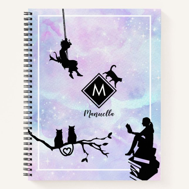 Aquarellkat und Girls Monogram Notebook Notizbuch (Vorderseite)