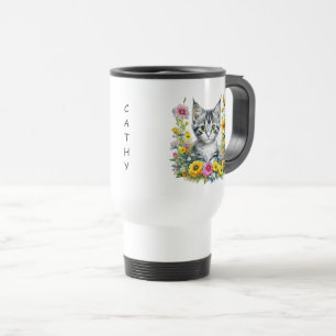 Aquarellkätzchen in gelben Blumen Personalisiert Reisebecher
