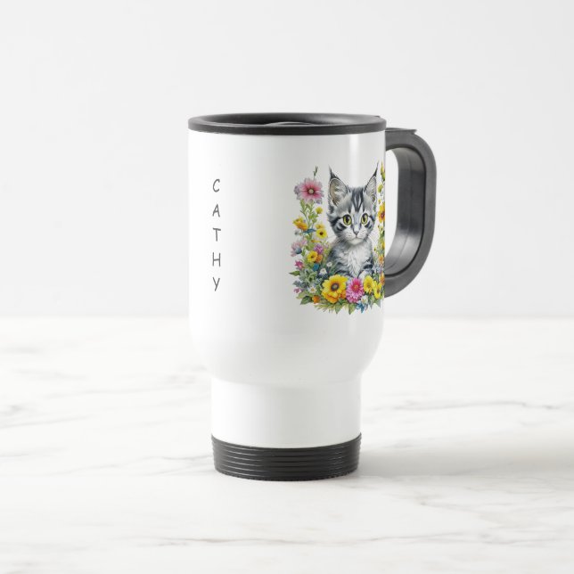 Aquarellkätzchen in gelben Blumen Personalisiert Reisebecher (VorderseiteRechts)