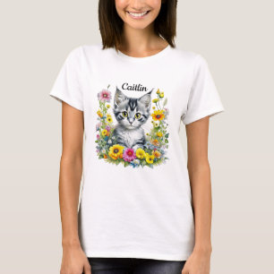 Aquarellkätzchen in gelben Blumen Personalisiert T-Shirt