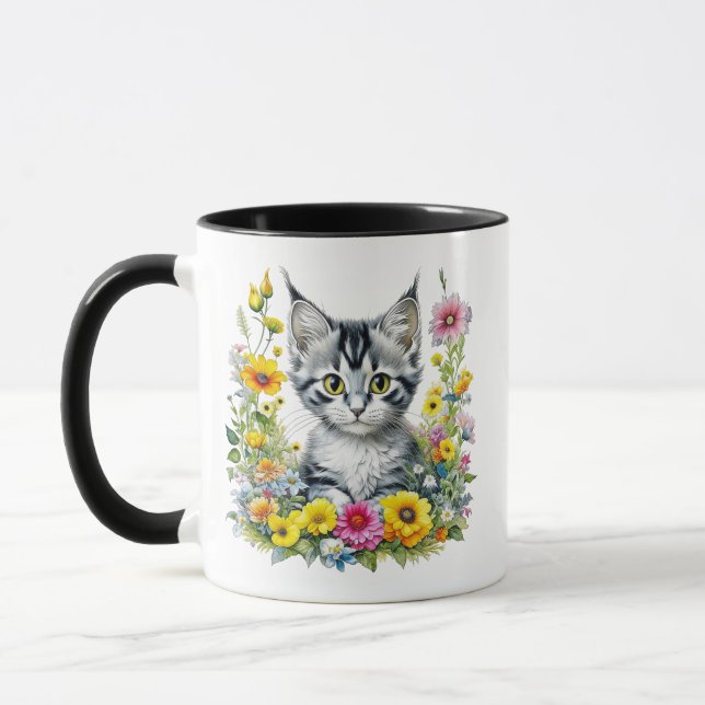 Aquarellkätzchen in gelben Blumen Personalisiert Tasse (Links)