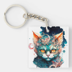 Aquarellkatze im Steampunkstil Schlüsselanhänger
