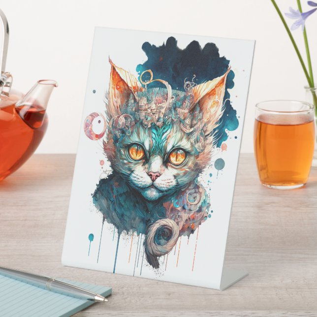 Aquarellkatze im Steampunkstil Sockelschild (In Situ)