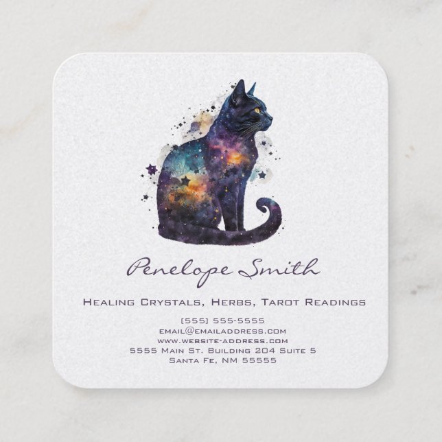 Aquarellkatze mit Sternen Square Visitenkarte (Rückseite)