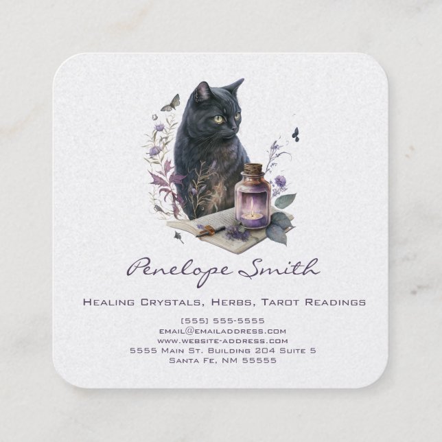 Aquarellkatze mit Zauber und Kerze Quadratische Visitenkarte (Rückseite)