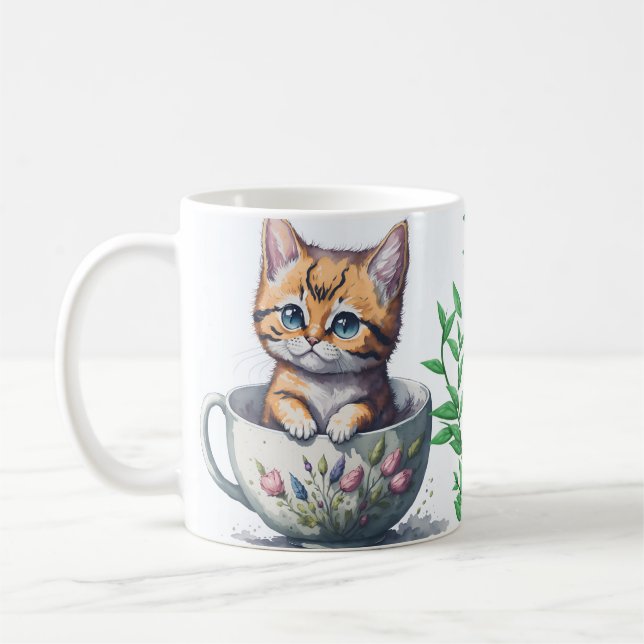 Aquarellkatze oder Kitten in einem Teacup Kaffeetasse (Links)