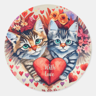 Aquarellkatzen mit Herz Runder Aufkleber