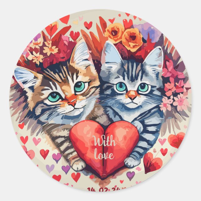Aquarellkatzen mit Herz Runder Aufkleber (Vorderseite)