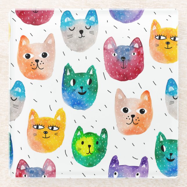 Aquarellkatzen und Freunde Glasuntersetzer (Vorderseite)