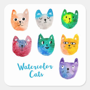 Aquarellkatzen und Freunde Quadratischer Aufkleber