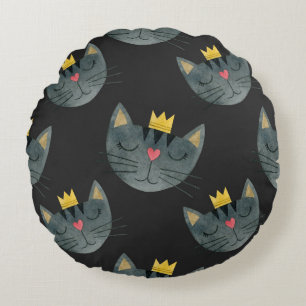 Aquarellkatzengesichter, schwarz nahtlos. rundes kissen