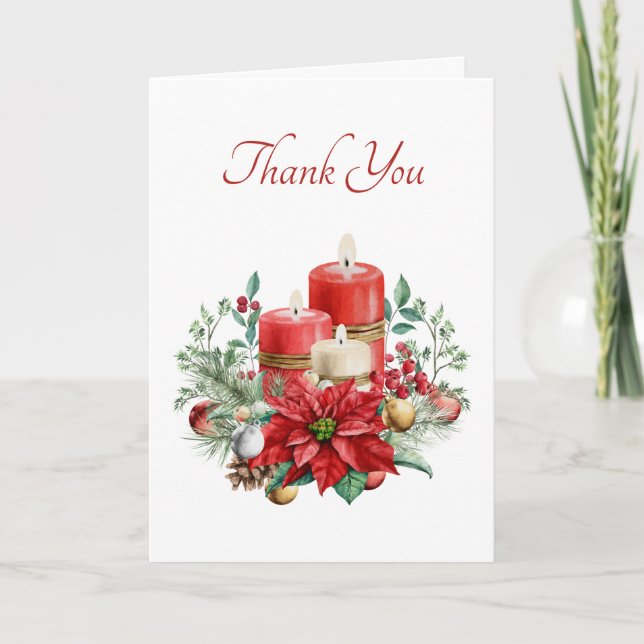 Aquarellkerzen und Poinsettia Weihnachten Dankeskarte (Vorderseite)