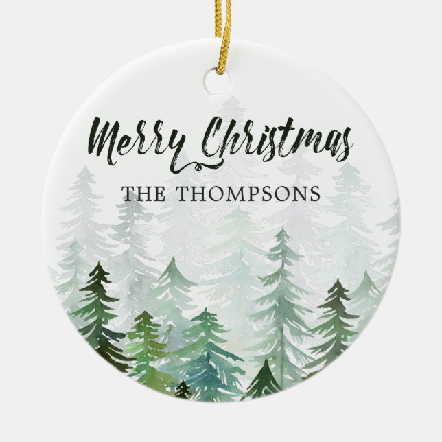 Aquarellkiefer Bäume Weihnachtsfest Foto Keramik Ornament (Vorne)