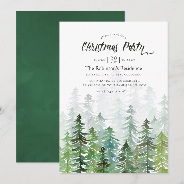 Aquarellkiefer Bäume Weihnachtsfest Party Einladung (Vorne/Hinten)