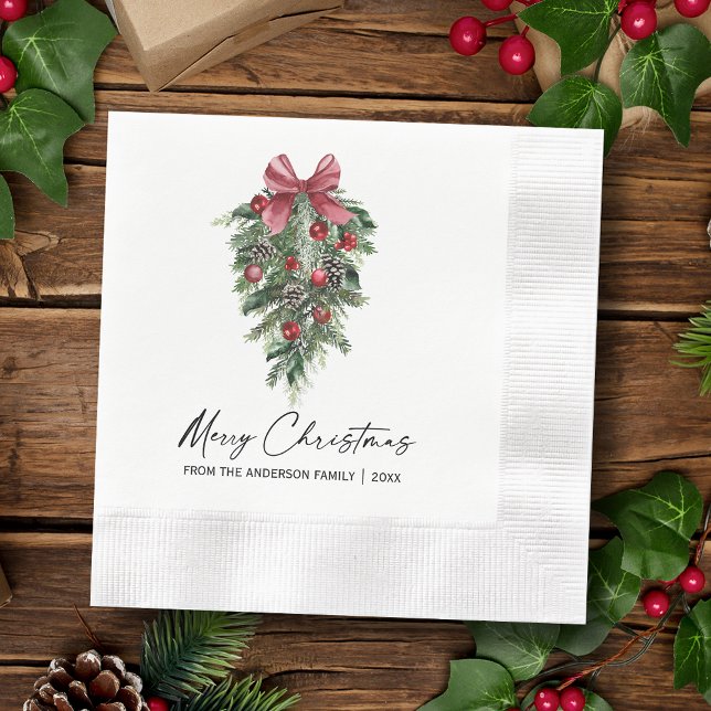 Aquarellkiefer Calligraphie Tinte Weihnachtscockta Serviette (Customize to change your personalized text size or text style.)