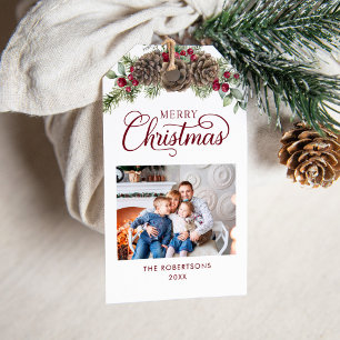 Aquarellkiefer Cones Burgund Weihnachts-Foto Geschenkanhänger