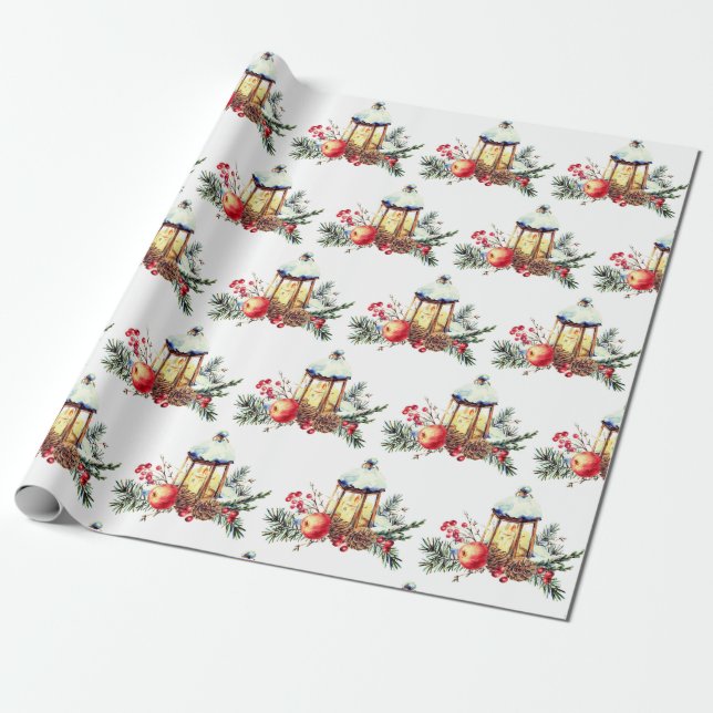 Aquarellkiefer Cones Orange Christmas Laterne Geschenkpapier (Ungerollt)
