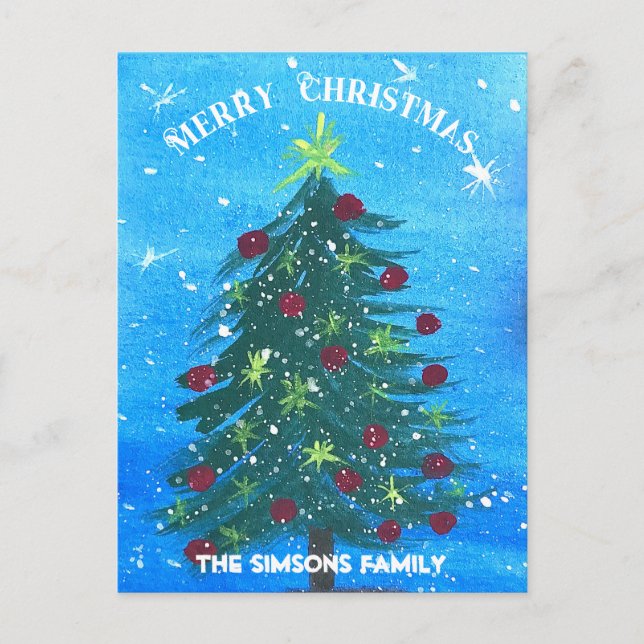 Aquarellkiefer Frohe Weihnachtsbaume Feiertagspostkarte (Vorderseite)