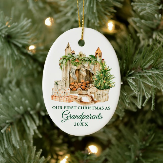 Aquarellkiefer Großeltern Erste Weihnachten Keramik Ornament (Baum)