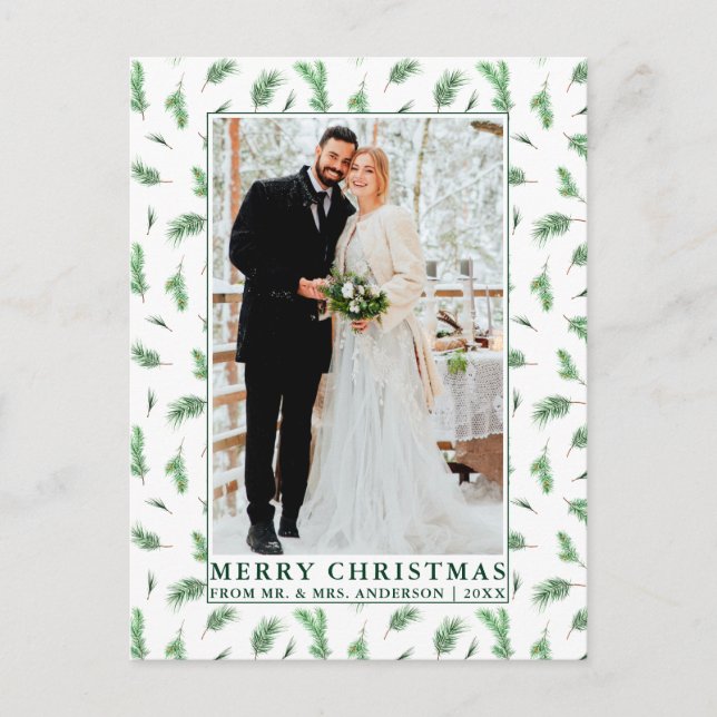 Aquarellkiefer Grüne Neuvermählte Weihnachten Postkarte (Vorderseite)