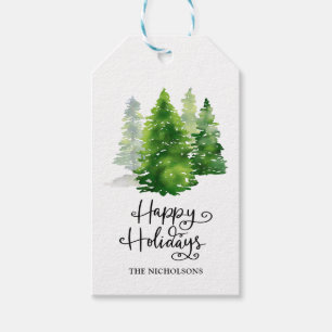 Aquarellkiefer   Happy Holidays Script Geschenkanhänger
