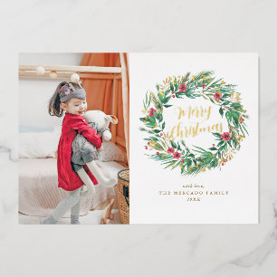 Aquarellkiefer und Berry Kranz Weihnachtsfest Foto Folieneinladung
