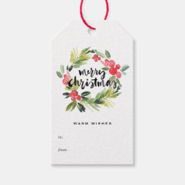 Aquarellkiefer und Holly Wreath Frohe Weihnachten Geschenkanhänger