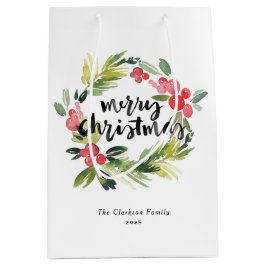 Aquarellkiefer und Holly Wreath Frohe Weihnachten Mittlere Geschenktüte