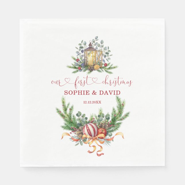 Aquarellkiefer Unsere 1. Weihnachtsball-Kalligraph Serviette (Vorderseite)