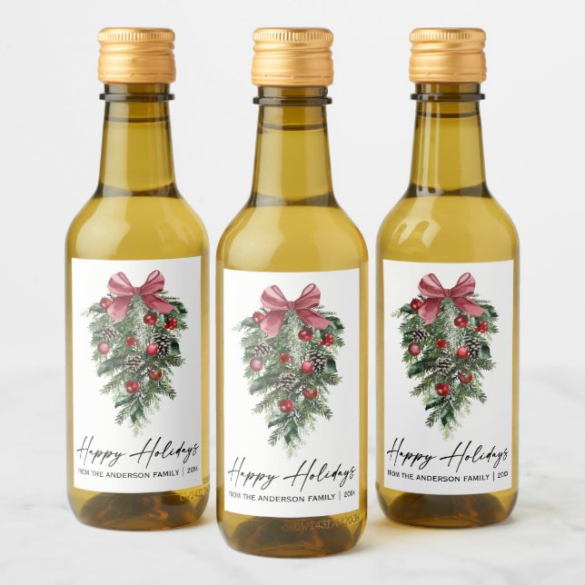 Aquarellkiefern Calligraphie Tinte Holiday Mini Weinetikett (Flaschen)