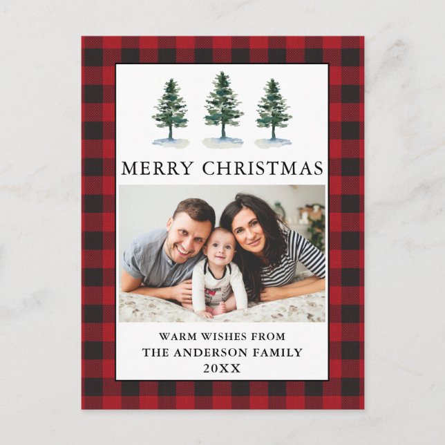 Aquarellkiefern Foto Weihnachten Kariert Postkarte (Vorderseite)