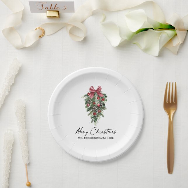Aquarellkiefern Kalligraphie Tinte Weihnachten Kle Pappteller (Hochzeit)