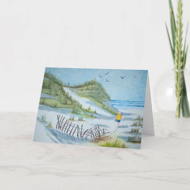 Aquarellkind, das am Strand spaziert und an Sie de Karte (Vorderseite)