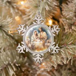 Aquarellkind Jesus Christus mit Maria und Joseph Schneeflocken Zinn-Ornament