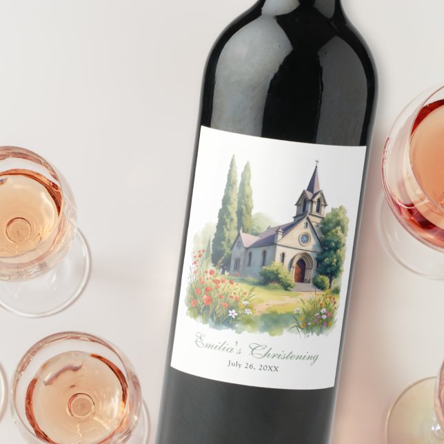 Aquarellkirche Taufe Christening Weinetikett (Watercolor Countryside Church Baptism Christening Wine Label)