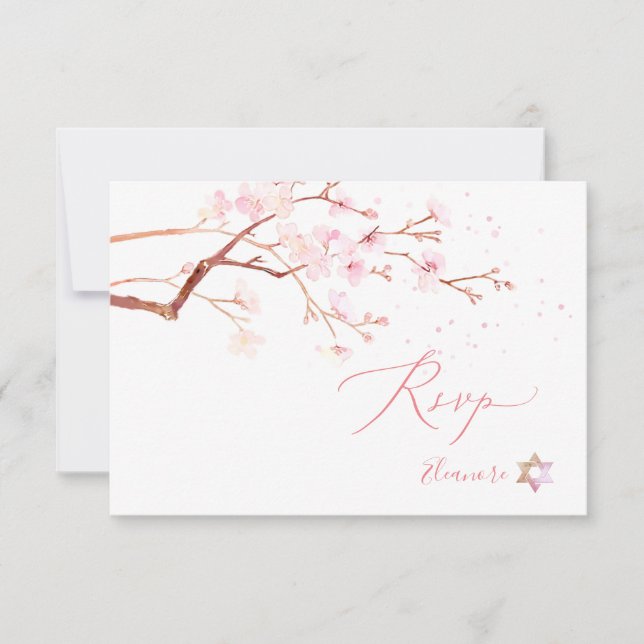 Aquarellkirsche Blüten Bat Mitzvah ✡ RSVP Karte (Vorderseite)
