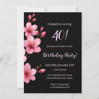 Aquarellkirsche Blüten Rosa Schwarzer Geburtstag Einladung