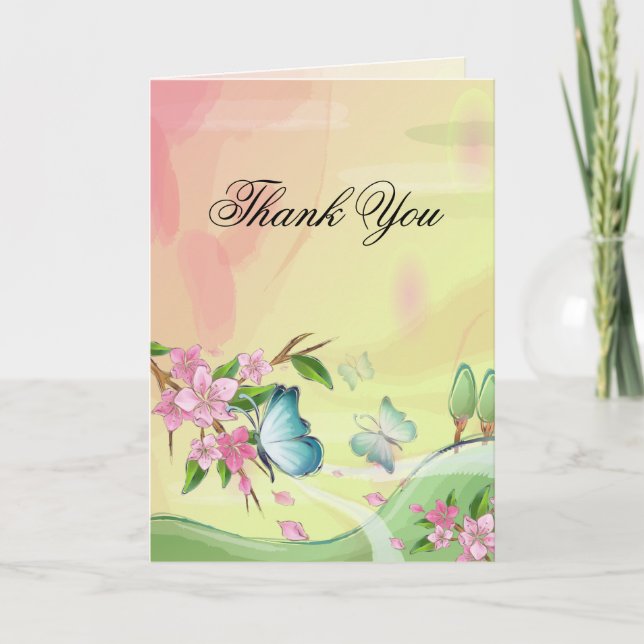 Aquarellkirsche Blüten Schmetterlinge Dankeskarte (Vorderseite)