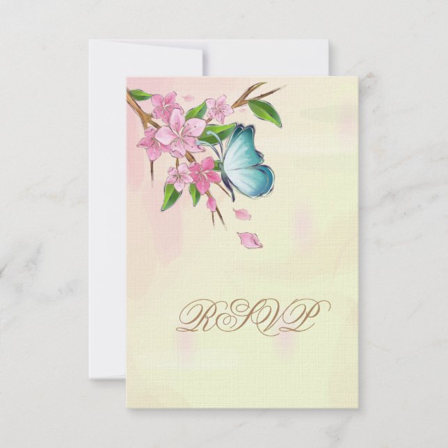 Aquarellkirsche Blüten Schmetterlinge RSVP Karte (Vorderseite)