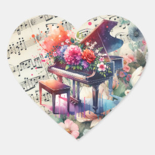 AquarellKlavier und Blume Herz-Aufkleber
