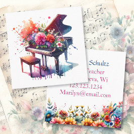 AquarellKlavier und Blume Personalisiert Lehrer Quadratische Visitenkarte
