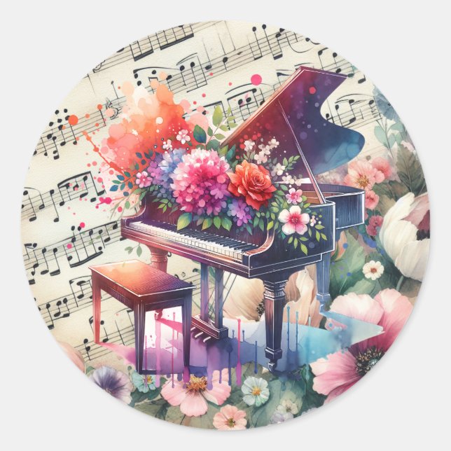 AquarellKlavier und Blume Runder Aufkleber (Vorderseite)