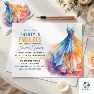 Aquarellkleid 30. Geburtstag Elegant & Feminine Einladung