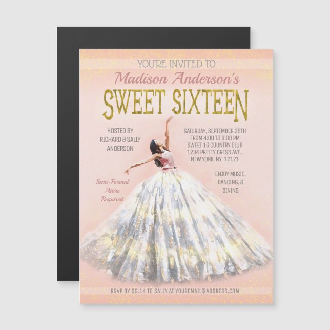 Aquarellkleid Rosa Rosa Gold Sweet 16 Geburtstag Magneteinladung (Vorne/Hinten)