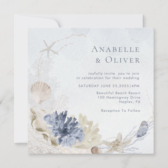 Aquarellkoral Seashell unter dem Meer Hochzeit Einladung (Vorderseite)